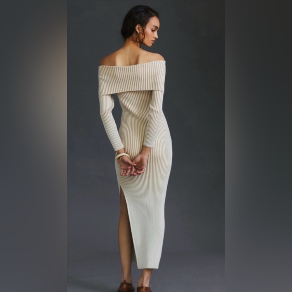Anthropologie Cream Off-Shoulder Ribbed Midi Dress NWOT
